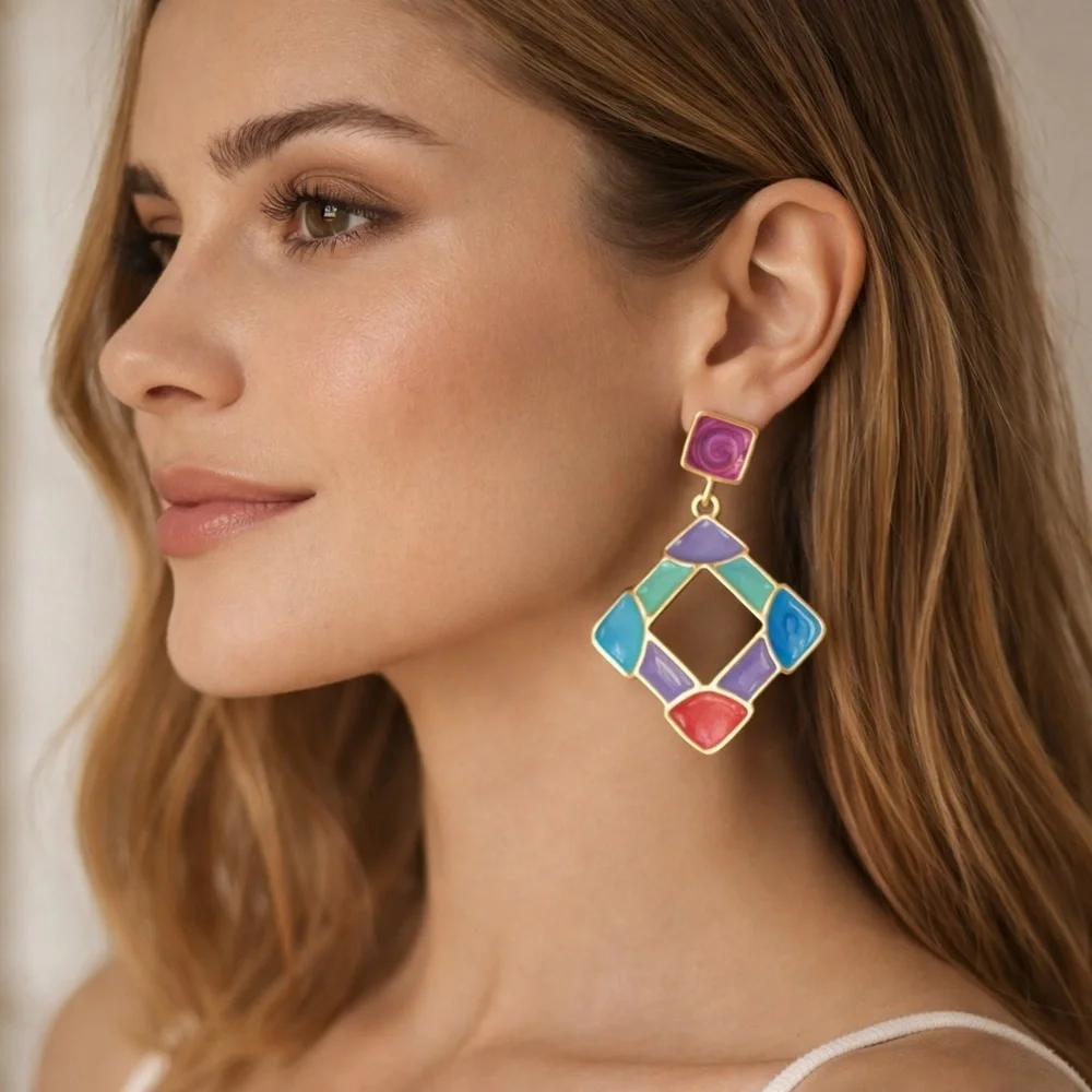 Vibrant Multi Color Resin Gripoix Cabochon Gold Plated Pierced Earrings.